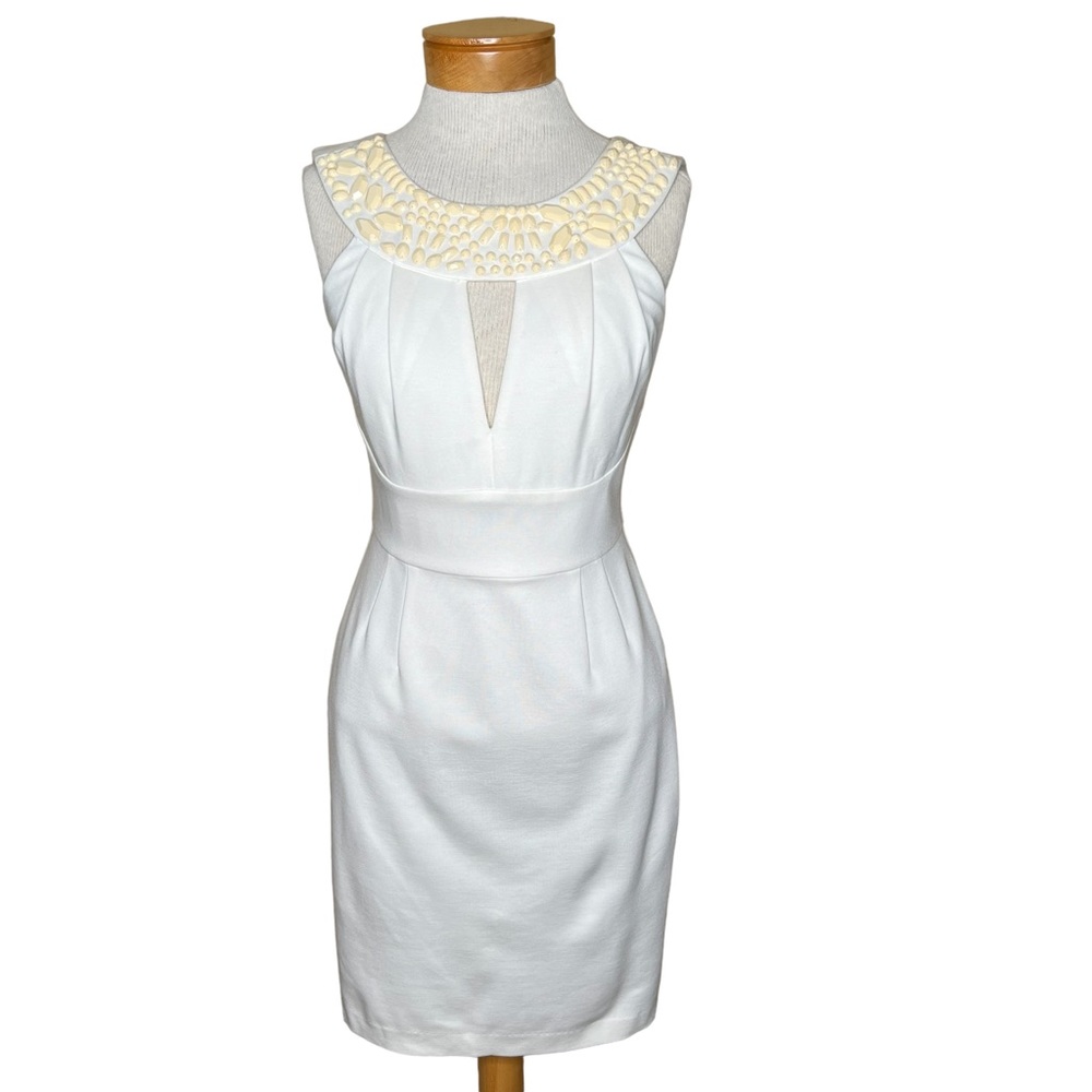 Trina Turk Ivory White Knit Cocktail Sheath Dress Faceted Beaded Neckline 4 NWT